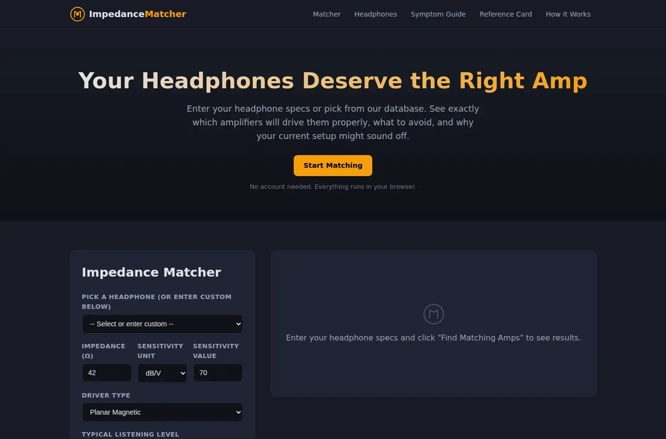 Screenshot of Headphone Amp Impedance Matcher interface showing the project page in use